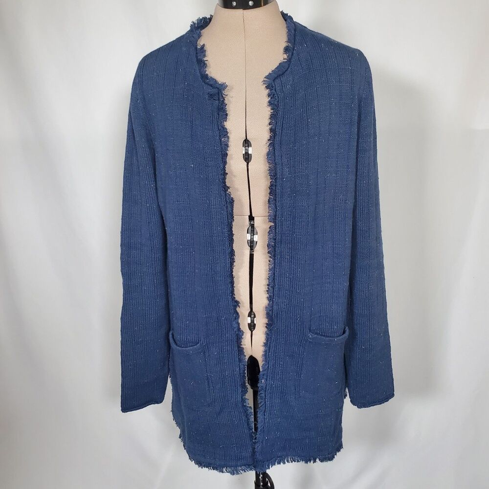 CAbi Women's Cardigan Sweater Medium Blue Speckle Cotton Fringe Front Pockets